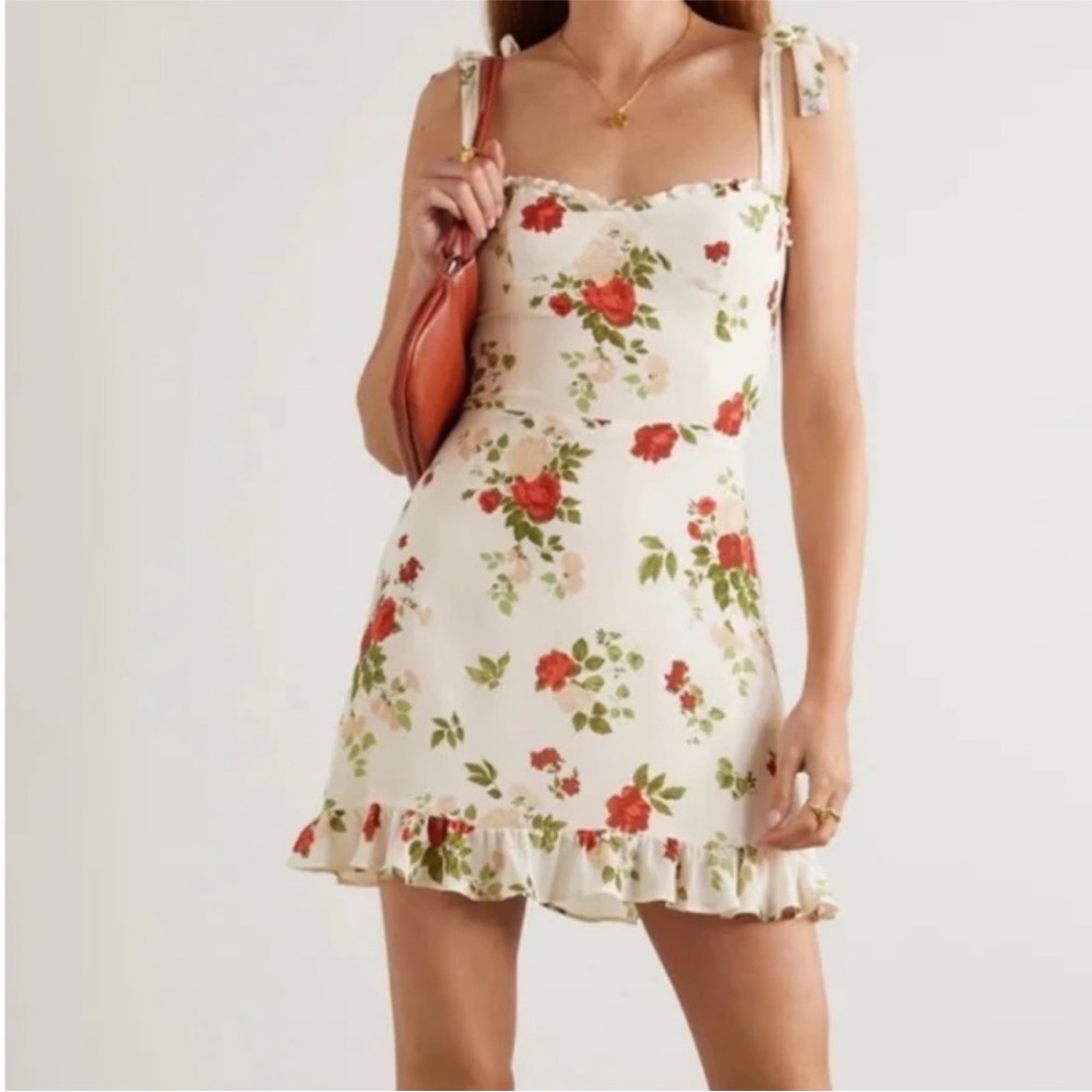 Reformation Cream Floral Tie-Strap Mini Dress with Red Roses| size 10 fits small